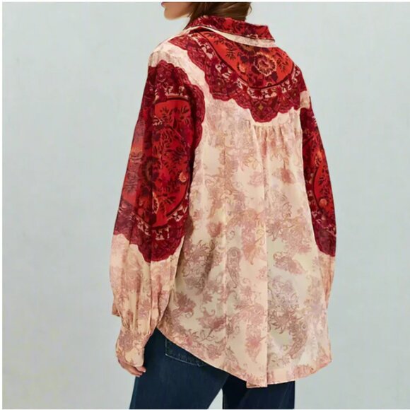 Free People Rose Bud Paisley Cotton Oversized Boho Blouse Red Cream Lightweight - Picture 7 of 13
